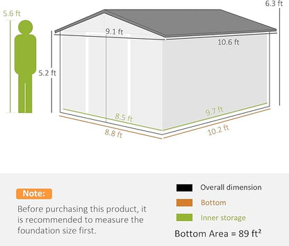 Outsunny 11' x 9' Outdoor Storage Shed, Garden Tool Metal Shed with Foundation Kit, Double Lockable Door, Air Vents and Sloping Roof, for Backyard, Patio, Lawn, Dark Gray