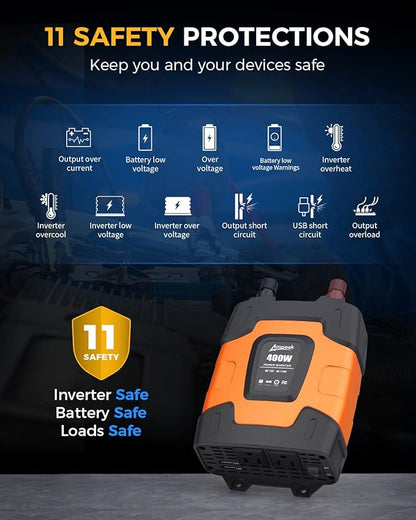 Ampeak 400W Power Inverter 4.8A Dual USB Ports 2 AC Outlets Car Inverter DC 12V to AC 110V 11 Protections for Devices