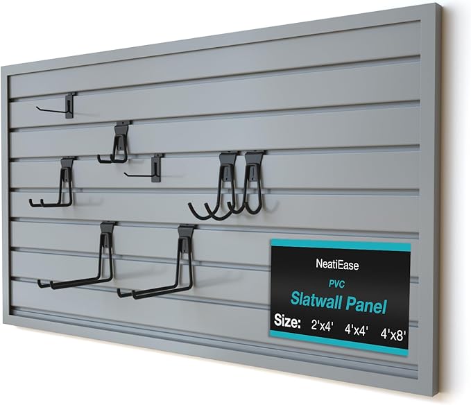 NeatiEase 2 x 4ft Slatwall Panel Wall Storage Systems, Slat Wall Paneling Garage Wall Organizer, Heavy Duty Wall Mounted PVC Wall Rack (Gray)