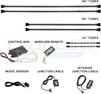 LEDGlow 4pc Million Color Multi-Color LED Underbody Underglow & 2pc Interior Footwell Accent Lighting Kit for Cars - 18 Solid Colors - 12 Unique Patterns - Music Mode - Includes Control Box & Remote