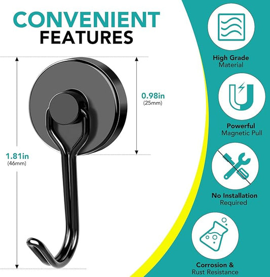 DIYMAG Black Magnetic Hooks, 80LBS Strong Magnetics Hooks Heavy Duty, Magnet Hooks with Metal Hanger for Hanging Refrigerator Home Kitchen Office, 8Pack