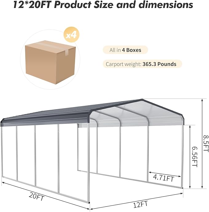 Carport Canopy 12x20 FT Heavy Duty Metal Carport Kit – Outdoor Portable Garage Tent Shelter for Car, RV, Boat – Steel Frame Car Port Shed – All Weather Storage Canopy Cover