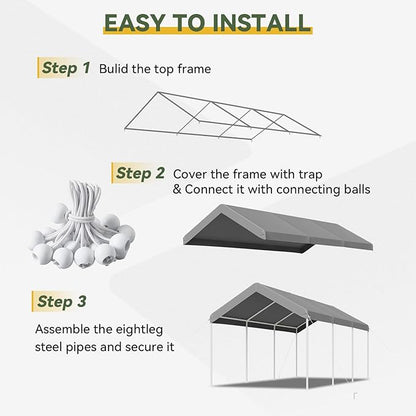 Aoxun 10x20 ft Heavy Duty Carport with Tarp & Wind Resistance Portable Carport Car Tent Outdoor Car Port with Tear Resistant Canopy, No Sidewall - Gray