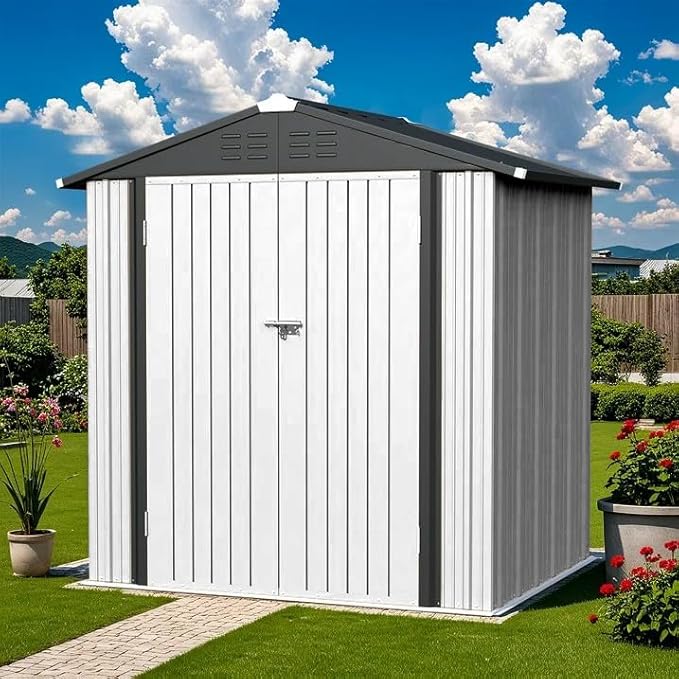 Greesum 6×4FT Outdoor Storage Shed, Metal Patio Storaged Sheds with Lockable Doors, Sheds & Outdoor Storage for Bike, Backyard, Pool and Garden, White