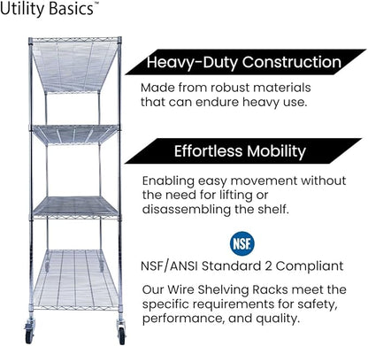 60"x24"x72" PREMIUM METAL STEEL 4-Tier Wire Shelving NSF 3200 LBS MAX Capacity Heavy Duty Storage Rack for Hospitals, Schools, Commercial Spaces, and Garages w/PREMIUM Wheels