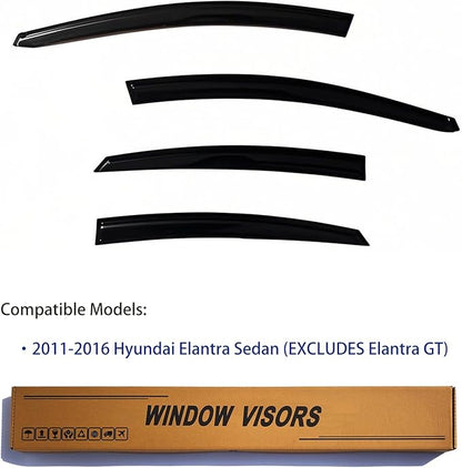 Window Visors Rain Guards fits 2011-2016 Elantra Sedan (EXCLUDES Elantra GT), Out-Channel Window Wind Deflectors Vent Shades Accessories, Dark Smoke 4 Pcs, 2012 2013 2014 2015
