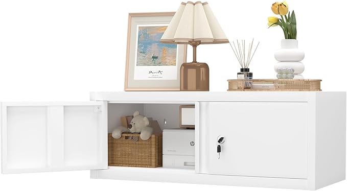 GREATMEET Locking Cabinet, Garage Storage Cabinet, Metal Wall Mounted Storage Cabinets with Doors for Garage, Hanging Floating (White, 13" H)