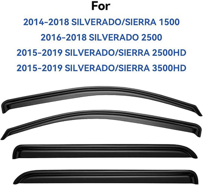 Window Visors Rain Guards for 2014-2018 Chevy Silverado/GMC Sierra 1500 Full-Size Cab, Out-Channel Window Vent Wind Deflectors Visors Shades for 2015-2019 Silverado/Sierra 2500HD 3500HD Crew Cab