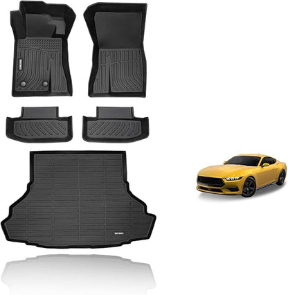 KELCSEECS Floor Mats & Cargo Liner Custom for Ford Mustang 2015-2025 (NOT for Mustang Mach-E,Cargo Liner with Subwoofer),All Weather Protection Anti-Slip TPE Liners Full Set Mustang Accessories Black
