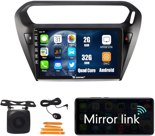 Kunfine Car Android Navigation Stereo GPS Radio Reverse Camera Display 9" IPS Touchscreen Headunit Tablet Pad Media Player for Peugeot 301 2013-2022, if Applicable Quad Core 2G+32G Matte Black