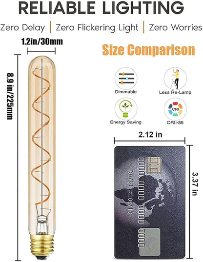 Vintage LED Spiral Filament Bulb T10, 8.9inch Long Tubular Dimmable Edison Light Bulbs,E26 Base,Amber Glass,Warm White,2200K, 400LM(40W Equivalent), Pack of 4