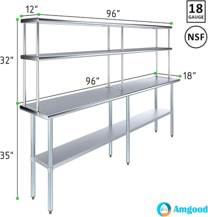 Amgood Stainless Steel Work Table Double Tier Overshelf | Metal Kitchen Prep Table & Shelving Combo (18" x 96" Work Table + 12" Overshelf)