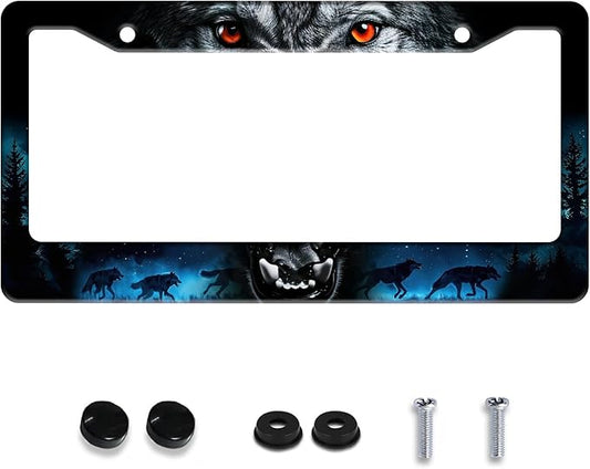 Personalized License Plate Frame Wolf Howling Stainless Steel Accessory Night Forest Animal Holder Funny Car Decorative 2 Holes Screws Fits Us Standard License Plates 12.2 X 6.3 in for Men Women