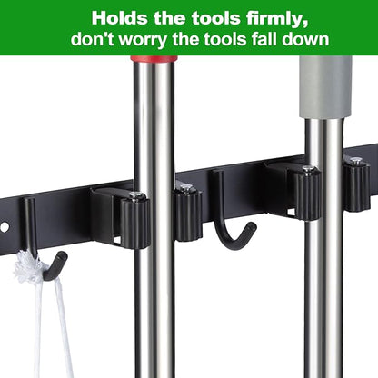 voze 2 Racks and 3 Hooks Mop and Broom Holder Wall Mount, Self Adhesive Heavy Duty Broom Organizer Storage Tool Racks for Kitchen Garden Laundry Garage