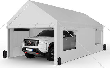 Shintenchi Carport 10' x 20' Heavy Duty Portable Garage, Car Port Canopy with Side-Opening Removable Door & Roll-Up Windows, Car Canopy for Truck,Car,Boat,Motorcycle,White