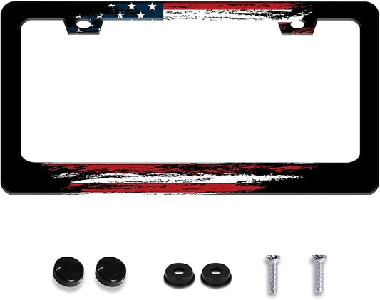 Personalized License Plate Frame American Flag Stainless Steel Accessory Patriotic License Plate Holder Funny Car Decorative 2 Holes Screws Fits Us Standard License Plates 12.2 X 6.3 in for Men Women