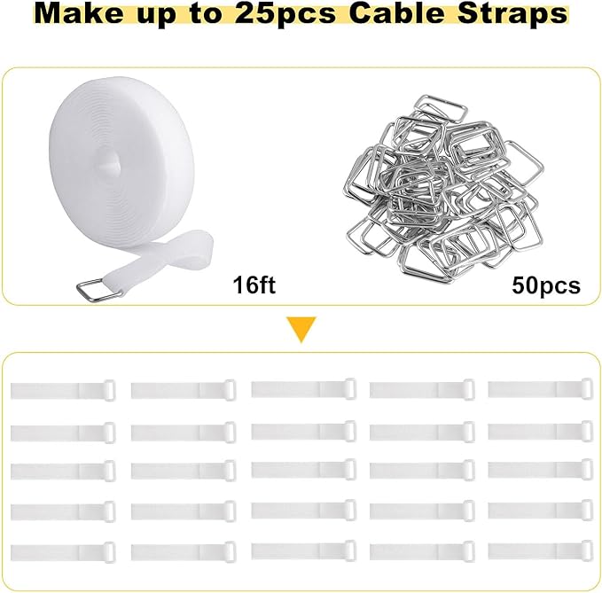 1"x16ft Hook and Loop Straps with 25 Metal Buckles, Adjustable Fastening Cable Straps, Cut-to-Length Cinch Strap, Reusable Nylon Securing Cord Ties for Organizer or Storage, 1 inch Wide, White