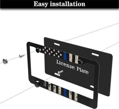 License Plate Frames Black, White, and Blue Car Plate Frames Thin Blue Line USA Flag Universal Aluminum Car Accessory 2 Pack with Screw Covers Set