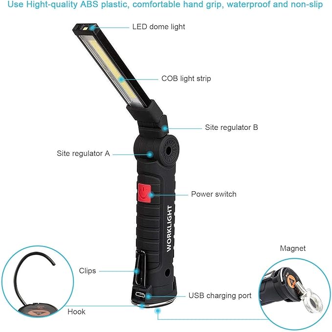 LED Work Light Rechargeable, OTYTY Portable Work Lights with Magnetic Base, 5 Modes, Hanging Hook and Water-Resistant Magnetic LED Light for Car Repair, Emergency Use (2 Pack)