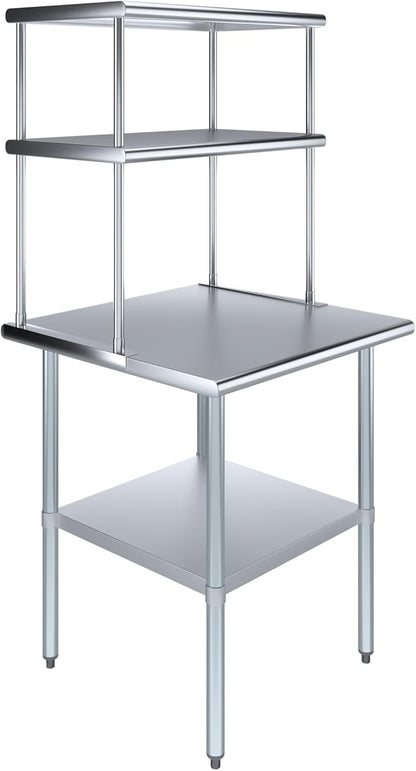 Amgood Stainless Steel Work Table Double Tier Overshelf | Metal Kitchen Prep Table & Shelving Combo (30" x 30" Work Table + 18" Overshelf)