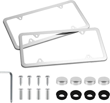 LivTee Chrome License Plate Frames, 4 Holes Stainless Steel License Plate Covers, 2PCS Car License Plate Holder, Automotive Accessories, Slim Design with Bolt and Gasket Cover for US Cars(Silver)