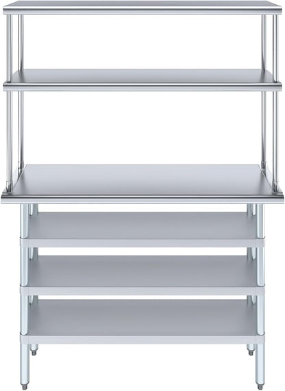 Amgood 14" x 48" Stainless Steel Work Table with 3 Shelves and 12" Wide Double Tier Overshelf | Metal Kitchen Prep Table & Shelving Combo | NSF
