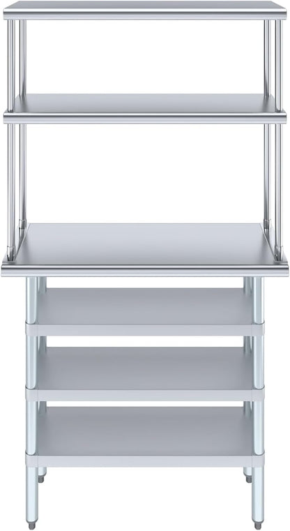 Amgood 14" x 36" Stainless Steel Work Table with 3 Shelves and 12" Wide Double Tier Overshelf | Metal Kitchen Prep Table & Shelving Combo | NSF