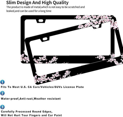 Cherry Blossom License Plate Frame-2 PCS Cherry Floral Flowers License Plate Holder Cover Car Universal Accessories Aluminum Car Tag Frames Fits Standard US Vehicles Size