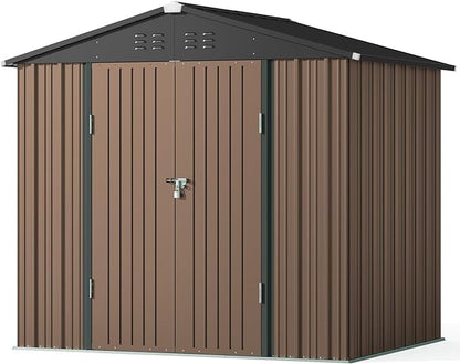 Gizoon Outdoor Storage Shed 8 x 6 FT, Galvanized Metal Garden Shed with Double Lockable Doors, Outdoor Storage Clearance for Backyard Patio Lawn-Light Brown