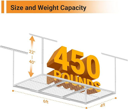 4x6ft Overhead Garage Storage Rack, Heavy Duty Metal Ceiling Shelf, 22'' to 40" Adjustable Dropdown, 450lbs Loading Weight Capacity, White