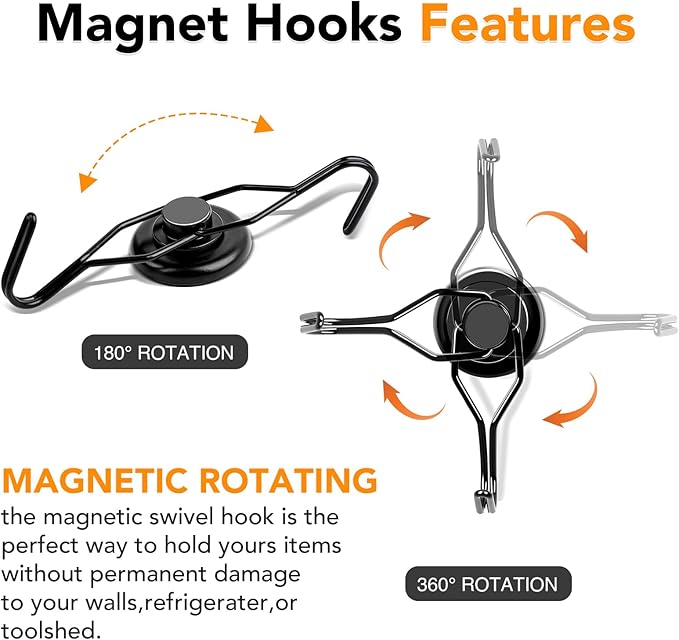 MIKEDE 110 LBS Black Magnetic Hooks, 6 Pack Swivel Swing Magnet Hooks Heavy Duty, Strong Neodymium Magnets Hanger for Hanging, Grill, Cruise Cabins - 32mm(1.26in) in Diameter