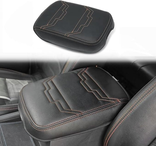 Muslogy for Frontier Center Console Pad Armrest Box Cover Vegan Leather Soft Accessories Armrest Lid Protector Compatible with Nissan Frontier 2022-2024 2025 (Regular Thick, V2 Orange Stitching)