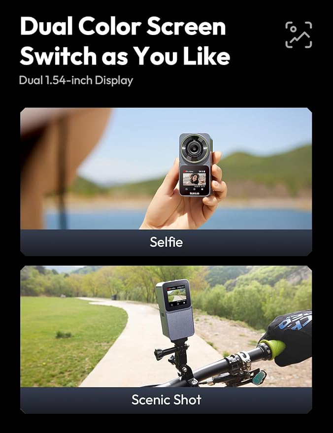 Action Camera 4K 20MP, Dual Use Action Camera and Dash Cam, Waterproof, EIS Stabilization, with 64GB SD Card, 170°Wide Angle Helmet Camera for Vlog or Recording Car Journey