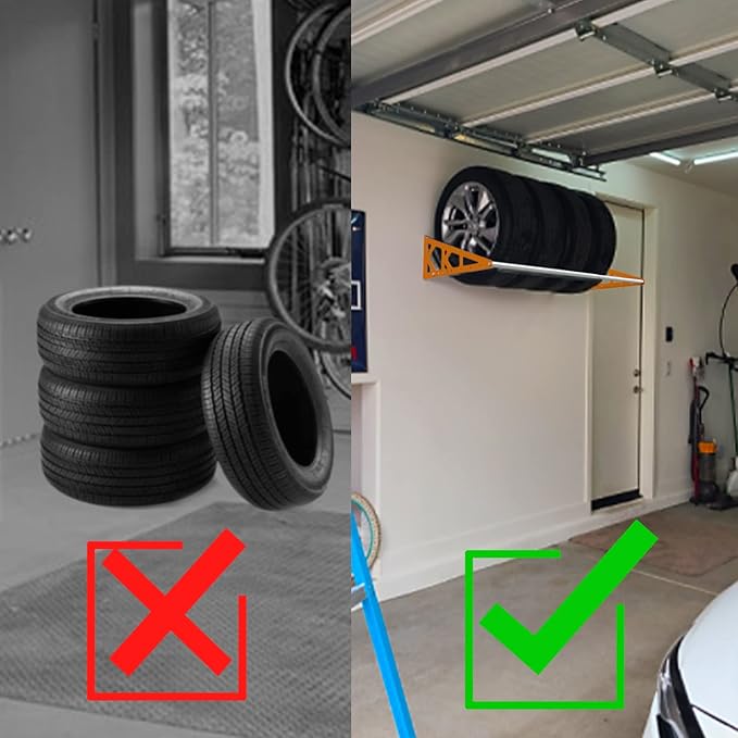 Tire Rack Wall Mount Adjustable 31"-56" Tire Storage Rack Wall Mount Wheel Rack with Heavy Duty Telescopic RodsSteel 400 Pound Weight Capacity (Orange)