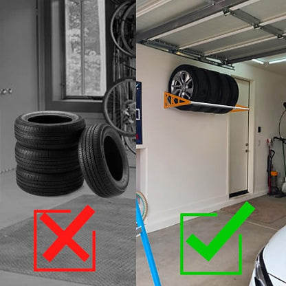 Tire Rack Wall Mount Adjustable 31"-56" Tire Storage Rack Wall Mount Wheel Rack with Heavy Duty Telescopic RodsSteel 400 Pound Weight Capacity (Orange)