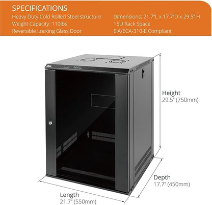 Tecmojo 15U Wall Mount Rack Network Cabinet for 19" IT Equipment,with Lockable Glass Door and Side Panels,Cooling Fan,17.7inch Depth,Black (15U)