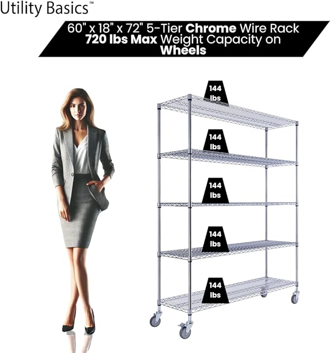 60"x18"x72" Chrome 5-Tier PREMIUM Wire Shelving NSF 4000 LBS MAX CAPACITY Heavy Duty Steel Storage Rack for Warehouses, Garages, Hospitals, Commercial Spaces, & Schools w/PREMIUM WHEELS