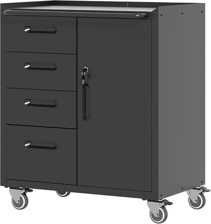 Metal Storage Cabinet with Wheels, Garage Cabinet with 1 Door and 4 Drawers, Rolling Tool Storage, Assembly Required, Black