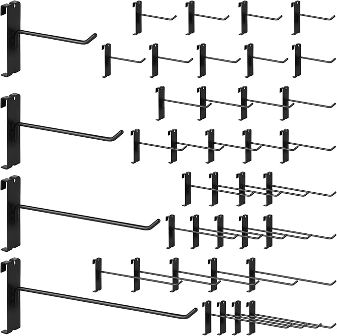 40Pcs 4" 6" 8" 10" Gridwall Display Hooks Assortment Set, Black Metal Grid Wall Panel Hanging Display Hook for Garage Shop Retail Storage, Wire Diameter 5mm/ 0.2”