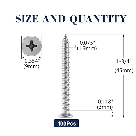 #10 x 1-3/4" Wood Screw 100Pcs 18-8 (304) Stainless Steel Screws Flat Head Phillips Fast Self Tapping Drywall Screws by SG TZH