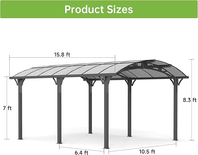 Real Relax 12x16ft Heavy Duty Metal Carport, Arch-Roof Polycarbonate Roof Panels Canopy, Outdoor Garage Car Tent Shelter for Boats and Truck,Gray