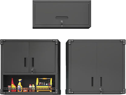 Metal Tool Cabinet,Garage Storage Cabinet System,Wall Cabinet & Locking Rolling Tool Cabinet with Doors and Adjustable Shelves,Steel Tool Cabinets for Home,Office (3 Pcs-StyleA, Black)