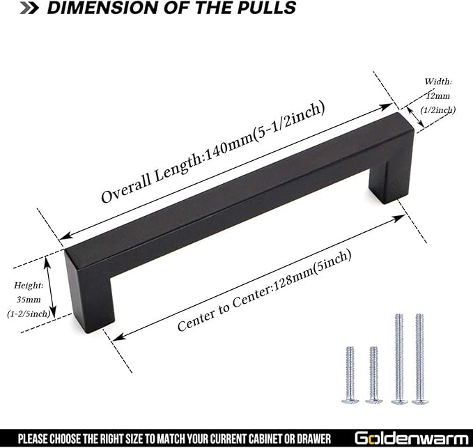 goldenwarm 200 Pack 5 Inch Black Cabinet Handles - Matte Black Drawer Pulls Stainless Steel - 128mm Cabinet Hardware Square Bar Modern Cabinet Pulls for Kitchen Bathroom Cupboard