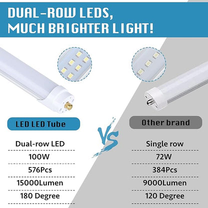 25-Pack, 8 Foot LED Bulbs, 100W 15000lm 6000K Cold White, Super Bright, T8 T10 T12 LED Tube Lights, FA8 Single Pin LED Lights, Frosted Cover, 8 Foot LED Bulbs to Replace Fluorescent Light Bulbs