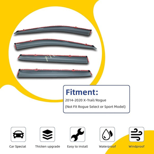 4pcs Smoke Tint with Chrome Trim Outside Mount Tape On/Clip On Style PVC Sun Rain Guard Window Visors Compatible with 2014-2020 Nissan X-Trail/Rogue