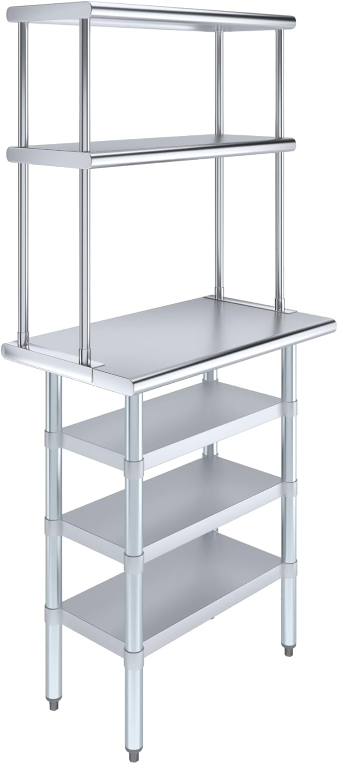 Amgood 18" x 30" Stainless Steel Work Table with 3 Shelves and 12" Wide Double Tier Overshelf | Metal Kitchen Prep Table & Shelving Combo | NSF