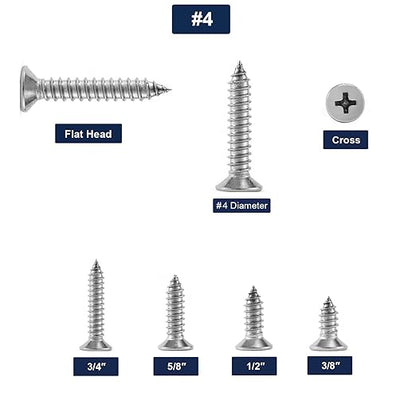 #4 x 1/2" Wood Screw 100Pcs 18-8 (304) Stainless Steel Screws Flat Head Phillips Fast Self Tapping Drywall Screws by SG TZH