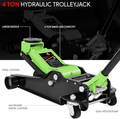 DNA MOTORING Low Profile Hydraulic Trolley Service/Floor Jack, 4 Ton (8000 lbs) Capacity, Lifting Range 4.5"-20", Green, TOOLS-00307-GR