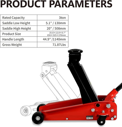 3 Ton Low Profile Floor Jack, Heavy Duty Floor Jack with Single Piston Quick Lift Pump, Steel Car Jack Adjustable Height 5.1"-20", Hydraulic Trolley Floor Jacks 3 Ton/6000 LB Capacity, Red