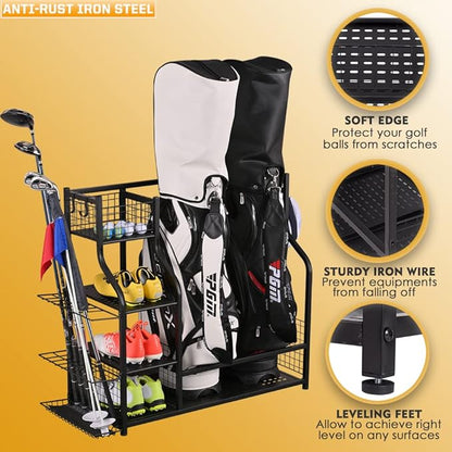 SNAIL Golf Bag Garage Storage Organizer Extra Large Size Golf Bag Rack Stand Holder Fits 2 Golf Bags and Other Golfing Equipment Accessories, Metal Black Golf Club Storage for Garage Shed and Basement